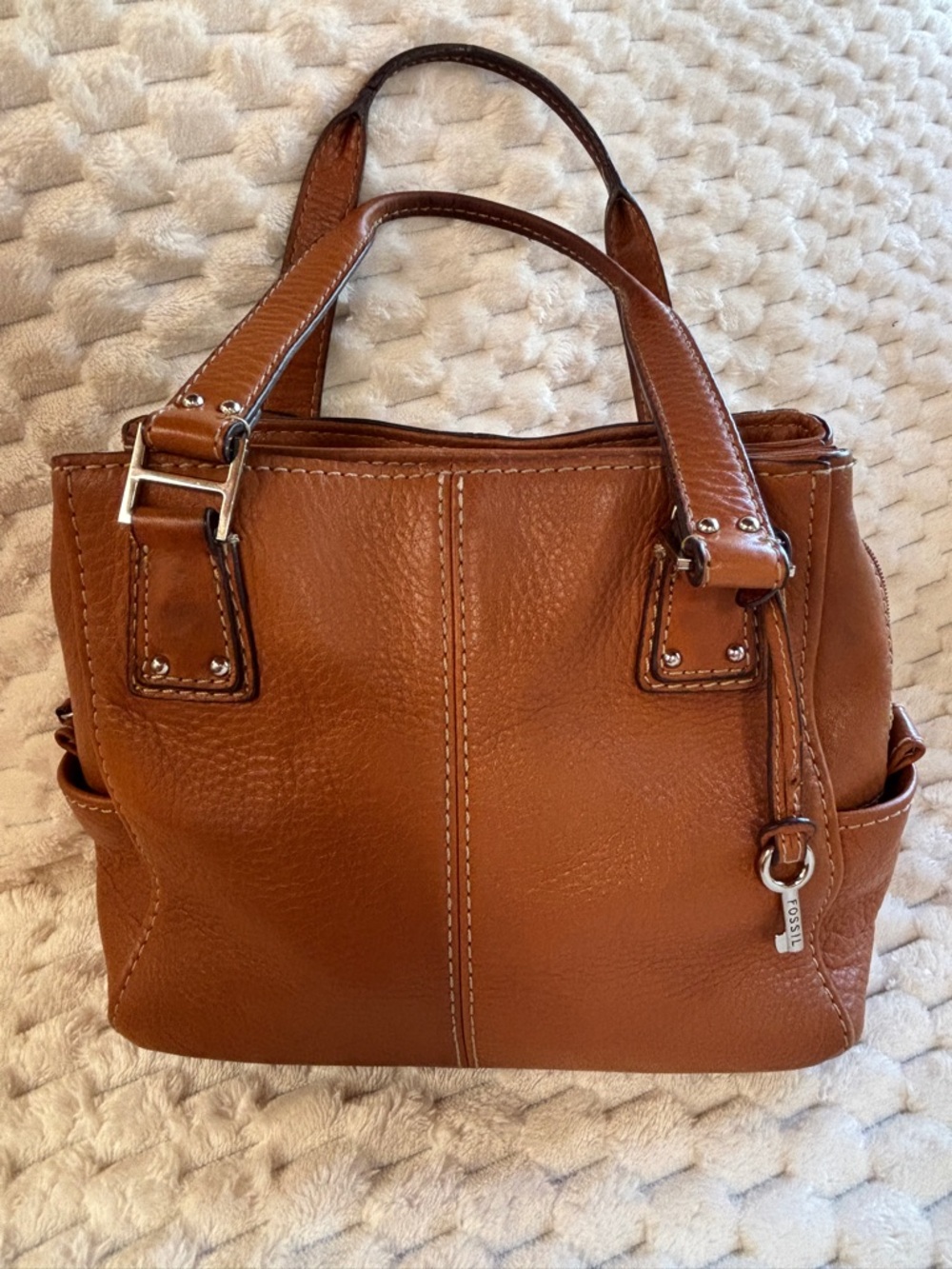 Fossil Brown Pebbled Leather Double Handle Tote Satchel Silver Hardware